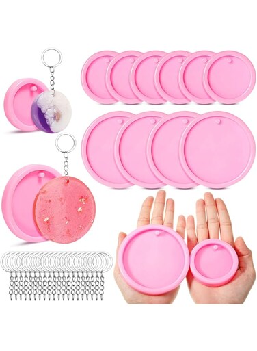 Patelai 10 Pieces Round Keychain Mold Silicone Resin Molds Circle Keychain Pendant with Hole with 20 Pieces Key Rings Jewelry Making Epoxy Casting Fondant Baking for DIY Crafts (Pink, 2 Sizes)