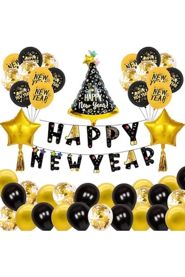 6-Set Mixed New Year Balloons, 12" Latex &amp; Foil, 5pcs/Set with Party Pull Flags, Festive Decor