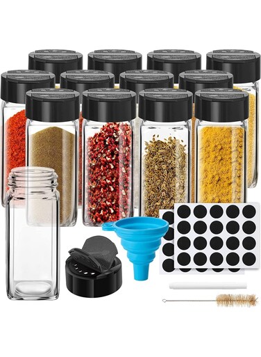 12 PCS Spice Jars with Labels, 4 oz Glass Spice Jars with Lids, Spice Box set with Stickers, Collapsible Funnel, Cleaning Brush, Pens