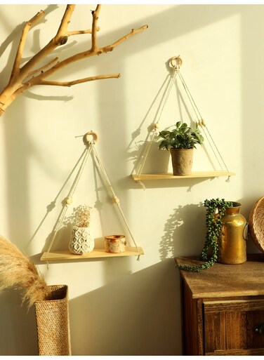 Hanging Rope Triangle Wall Shelf, floating shelf&iuml;&frac14;&OElig;Boho Style Wooden Storage Rack for Living Room Bedroom Entryway