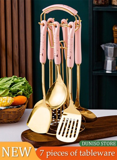 7 Pieces of Cooking utensil set, stainless steel kitchen supplies set, with storage rack and ceramic handle, mirror polished, heat resistant, easy to clean, pink