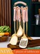 7 Pieces of Cooking utensil set, stainless steel kitchen supplies set, with storage rack and ceramic handle, mirror polished, heat resistant, easy to clean, pink