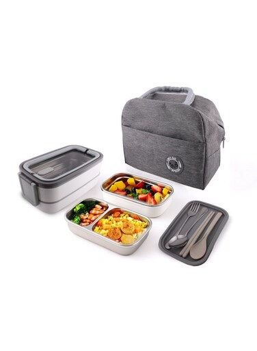 Stainless Steel Bento Lunch Box for Office &acirc;&euro;&ldquo; 2 Tier Insulated Lunch Box (1400ml) with Lunch Bag, Spoon &amp; Fork   Leakproof, BPA-Free &amp; Dishwasher Safe Tiffin for Adults &amp; Kids