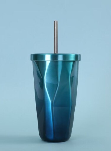 Steel Tumbler with Straw - Wim Hot and Cold Double Wall Drinking Cups Coffee Mugs Ice Cups 16oz/500ml Irregular Diamond with Lid- Blue