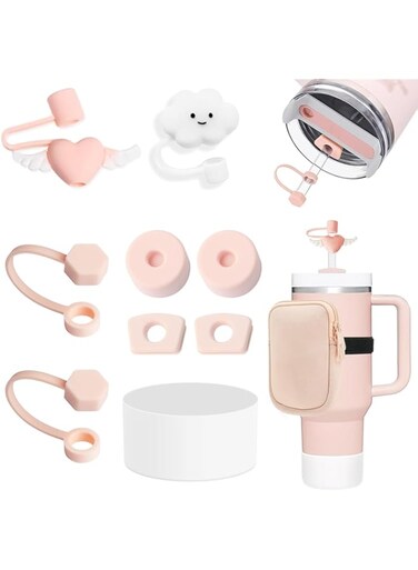Mefaster Stanley Cup Accessories Set Includs 1 Pcs Water Bottle Pouch，6 Pcs Silicone Spill Proof Stopper，2 Pcs Straw Cover Cap(9-10mm Straw)，1 Pcs Silicone Boot Stanley Cup 40oz &amp; 30oz Tumbler (Pink)