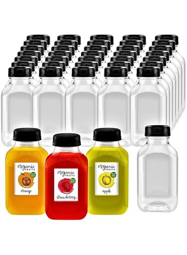 Green Direct 8 oz. Small Juice Bottles For Juicing   Clear Refillable And Reusable Bottles with Lids   Empty Plastic Bottles with Caps   BPA Free Drink Bottle for Water and Fruit Drinks, Pack of 35