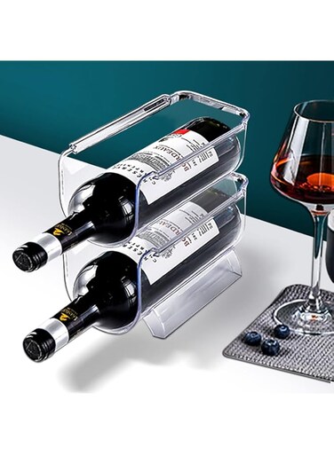 URbazaar Refrigerator Wine and Water Bottle Holder, 2 Pack Stackable Plastic Wine Rack Storage Organizer for Fridge, Cabinet, Pantry, Kitchen Countertops, Clear (D)