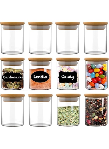 Valuxe 12 PCS Glass Jars with Bamboo Lids (9OZ)   Mini Clear Glass Airtight Spice Jars   Food Storage Containers for . Kitchen, Tea, Herbs, Sugar, Salt, Coffee, Flour, Herbs, Grains