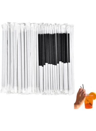 Azonee 200 Straws, Black Disposable Drinking Paper Straws Bulk Individually Wrapped-Party Essentials, For Cocktails, Coffee, Birthday Bars and Restaurants, Juice, Shake, 7.75" x0.24
