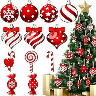 36 PCS Wooden Candy Ball Heart and Cane Shape Ornaments for Christmas Tree Decor - Red Peppermint Lollipop Hanging Decorations for Holiday Home Party