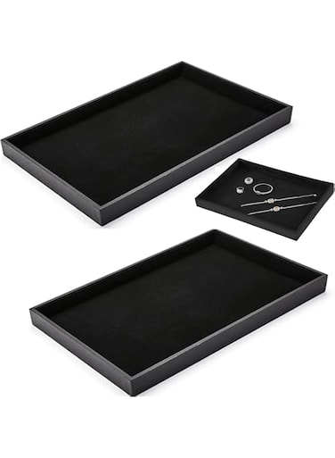 2Pcs Black Velvet Stackable Jewelry Tray Showcase Display Earring Necklace Bracelet Rings Organizer, Shop Counter Table Top Holder Plate Bracelet Ring Earring Showcase Empty Plate