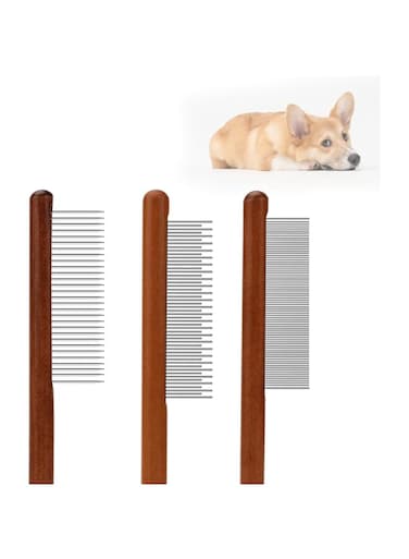 JCD 3pcs Grooming Comb for Pets, Solid Wood Cat Combs with Wide &amp; Narrow Rounded-Tip Teeth Pet Hair Comb Metal Flea Lice Comb for Cats Dogs Rabbits Tangled Hair (3 Sizes)