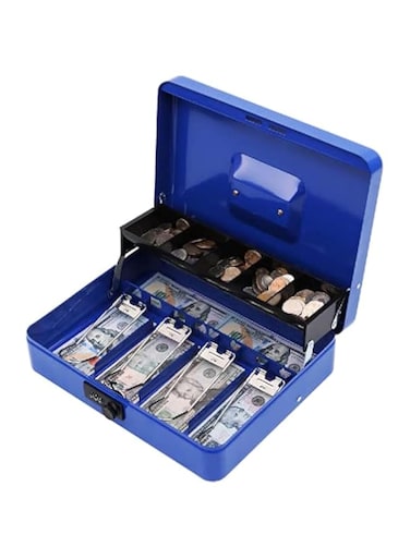 xydled Metal Cash Box, Cash Box with Money Tray and Combination Lock, Storage Box, Blue,4 Bill / 5 Coin Slots,11.8" x 9.5" x 3.5",Blue