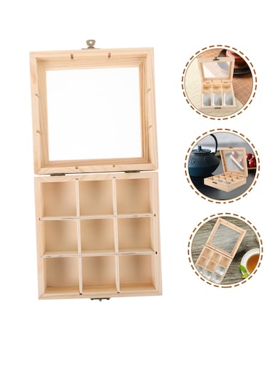 9-Slot Mini Wooden Storage Box With Glass Cover Collectibles Display Case Square Wood Organizer Box With Dividers Storage And Organizer Case For Tea Essential Oils Spices And More