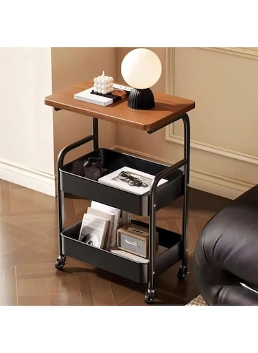 Three-tier trolley with tabletop, multi-functional metal trolley, bag baskets and wooden tabletop, movable trolley storage rack, suitable for kitchens, bathrooms, and living rooms (black).