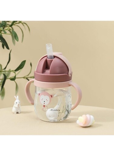 Sippy Cup For Baby More Than 6 Months, Spill-Proof Sippy Cup, Straw For Kids Water Bottle With Soft Silicon Spout Cup For Toddlers,Bpa Free, 300ml,Spill Plastic Drinking Bottle With Handle (Pink)