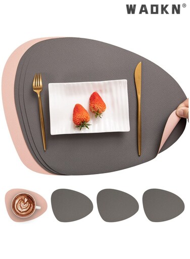 Leather Placemat and Coaster 4 Piece Set, Waterproof, Washable and Easy to Clean Table Mat, Heat Resistant Non Slip Placemat, Suitable for Kitchen Table&iuml;&frac14;&OElig;Placemats, Dual-Sided Placemats Waterproof Faux Leather Placemats Set of Mats and Coasters Non-Slip Washable Table Mats for Dining Table(4 Placemat)