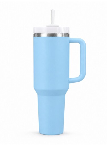 40 Oz Stainless Steel Blue Travel Mug With Handle &amp; Straw &acirc;&euro;&ldquo; Vacuum Insulated Tumbler, Leak Resistant Lid, Cup Holder Friendly, BPA Free, Easy Clean Wide Mouth