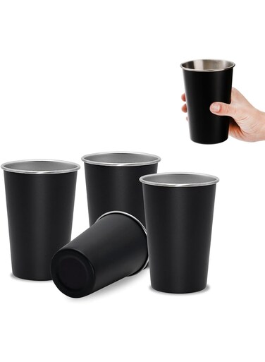 4 Pack Stainless Steel Pint Cups &acirc;&euro;&ldquo; 500ml / 16oz Stackable Reusable Cups &acirc;&euro;&ldquo; Durable Black Metal Tumblers for Parties, Outdoor Activities, Hiking, Camping &acirc;&euro;&ldquo; Dishwasher Safe