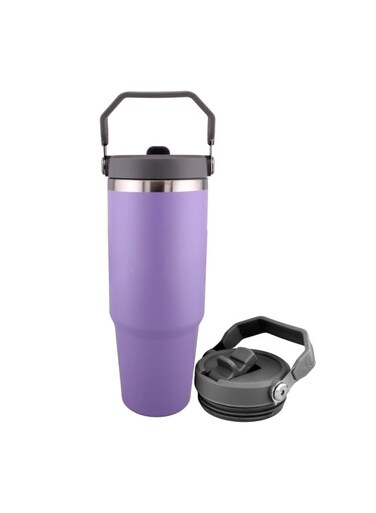 30oz Insulated Travel Cup with Handle, Stainless Steel Double Wall Vacuum Tumbler with Straw &amp; Lids Reusable Water Bottle Trave for Water Iced Tea Coffee - Purple