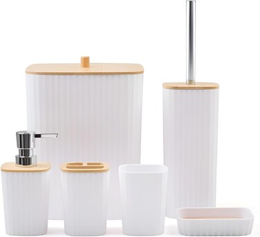 Bathroom Accessories Set 6 Piece Bath Ensemble Includes Soap Dispenser, Toothbrush Holder, Toothbrush Cup, Soap Dish for Decorative Countertop and Housewarming Gift (White Square)