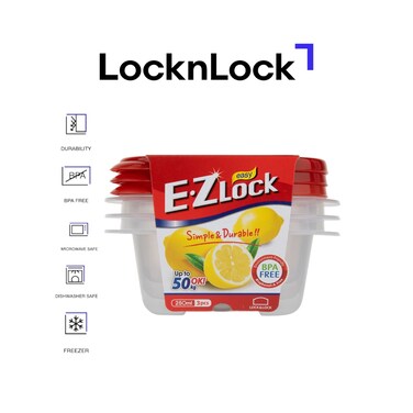 LocknLock EzLock 250ml Square Food Storage Containers &ndash; Set of 3, Stackable &amp; Microwave-Safe