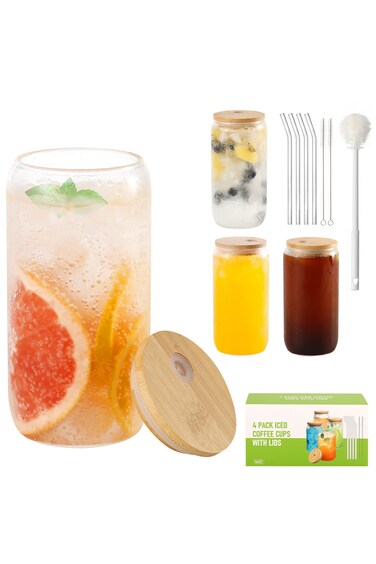 Set Glass Cups with Bamboo Lids and Straws, 16oz Can Shaped Glass Cups, Iced Coffee Cup, Tumbler Cup Gift Set, Drinking Glassware, 2 Straws Brushes, 1 Cups Brushes
