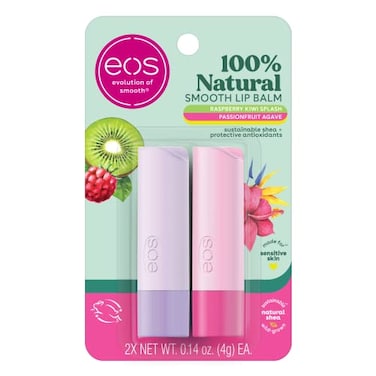 Eos 100% Natural Lip Balm, Raspberry Kiwi Splash &amp; Passionfruit Agave, All-Day Moisture, Lip Care Products, 0.14 Oz, 2-Pack