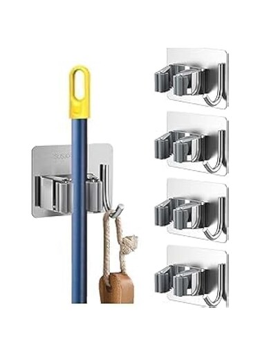 Milifox Broom Holder Self Adhesive - 4 Pcs Stainless Steel Broom Mop Holder for Wall Mount, Heavy Duty Broom Mop Gripper with Hook,Anti Slip Broom Mop Clip Organizer for Kitchen Garage Bathroom