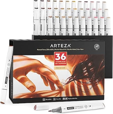 ARTEZA Alcohol Markers &ndash; Set of 36 Portrait &amp; Skin Tone EverBlend Dual Tip Markers with Fine and Chisel Nibs and Organizer Box for Drawing