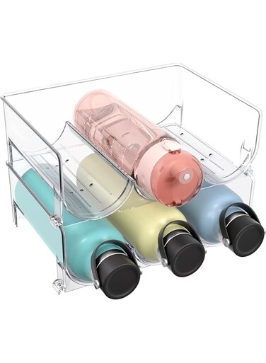 Puricon 2 Pack Plastic Water Bottle Organizer Rack, Stackable Bin Holder for Insulated Tumbler Sports Flask Bottles Kids Water Bottle Travel Mug for Kitchen Cabinets Countertop