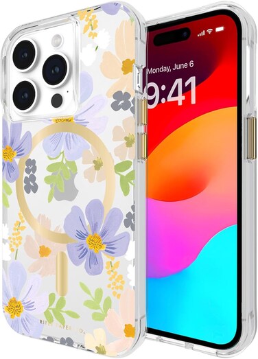 Case-Mate Rifle Paper Phone Case Compatible With iPhone 15 Pro, Polycarbonate, Printed In Full Color And Foil Stamped, Imported, Pastel Marguerite With MagSafe