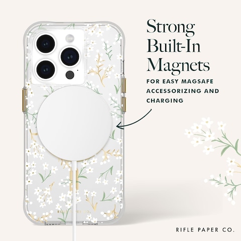 Case-Mate Rifle Paper MagSafe Case Compatible With iPhone 15 Pro, Polycarbonate, Printed In Full Color And Foil Stamped, Imported, Petite Fleurs