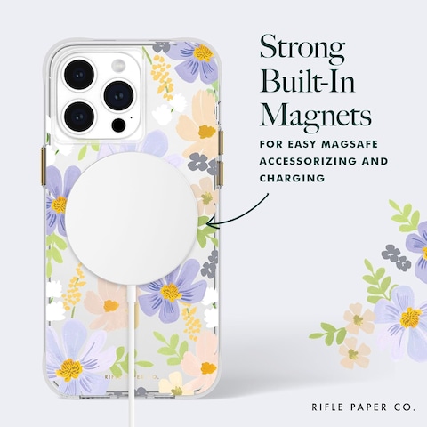 Case-Mate Rifle Paper Case With MagSafe Compatible With iPhone 15 Pro Max, Polycarbonate, Printed In Full Color And Foil Stamped, Imported, Pastel Marguerite
