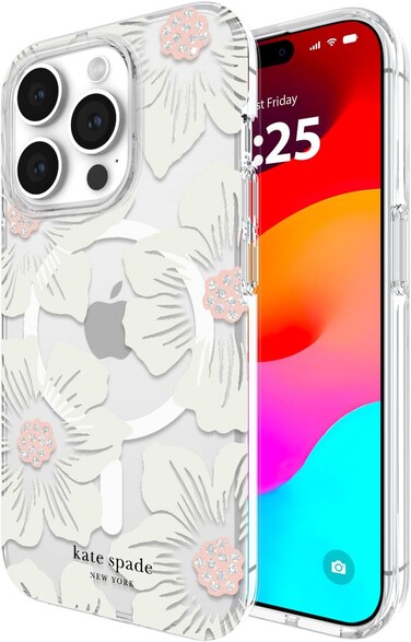 Kate Spade New York Clear Floral Case Compatible With iPhone 15 Pro 2023 6.1", 10Ft Drop Protection Cover, Made From Recycled Materials, MagSafe Wireless Charging Compatible, Hollyhock Cream