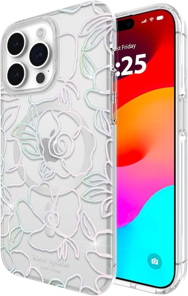 Kate Spade Clear Floral Case Compatible With iPhone 15 Pro Max 2023 6.7", 10Ft Drop Protection Cover, Made From Recycled Materials, MagSafe Wireless Charging Compatible, Modern Floral Silver