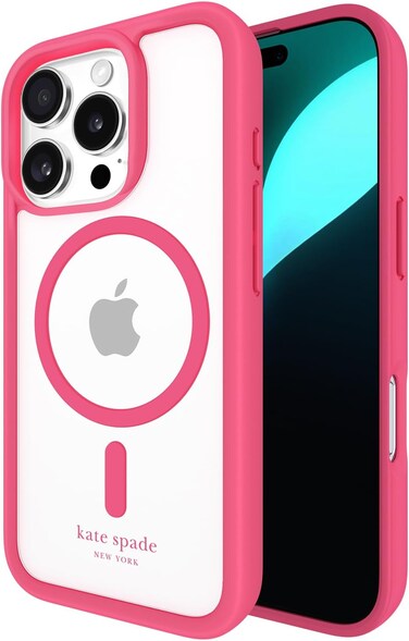 Kate Spade New York Case-Mate MagSafe Ultra Protective Case For iPhone 16 Pro 6.3" 2024, 16-Ft Drop Protection, Shock Absorbing Flexible Sides, Raised Edges, Clear Back, Pompom Pink