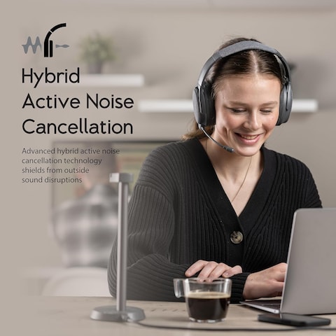 Buddyphones Fokus+ Wireless Noise Cancelling Headphones With Charging Stand, 50Hrs Battery Life, Superior Audio, Hearthru/Fokus/Music Modes, Auto On/Off, For Work, On-Line Class, Podcasts, Calls, Grey