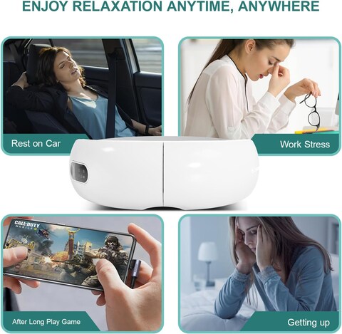 Eye Massager with Heat, Heated Eye Mask with Bluetooth Music &amp; Vibration, Wireless &amp; Portable Massages Eye with 4 Massage Modes and 180&deg; Folding Design for Relieve Eye Strain, Gifts for Mom &amp; Dad
