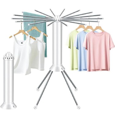 GENNEXT Tripod Clothes Drying Rack, Aluminum Laundry Drying Rack with 16 Rotatable Rods, Foldable Portable Garment Rack for Indoor Outdoor, Space Saving, Load-bearing 40kg (White)