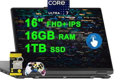 Lenovo Yoga 7 16 2-in-1 AI PC Laptop 16" FHD+ IPS Touch Glossy Intel 12-core Ultra 7 155U 16GB RAM 1TB SSD Backlit Fingerprint Thunderbolt4 FHD IR Privacy Camera Rapid Charge Win11 w/ICP Accessory