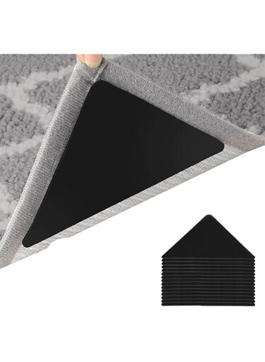 16 Pcs Grippers for Rugs, Non Slip Rug Pads for Hardwood Floors and Tiles, Reusable and Washable Rug Tape for Area Rugs, Dual Sided Adhesive Rug Pad Gripper Keep Corners Flat (Black, Triangle)