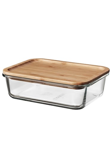 container with lid, rectangular glass/bamboo, 1.0 l