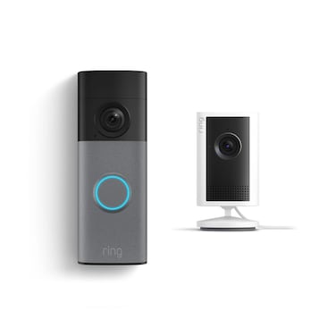 Ring Battery Doorbell 2K + Indoor Cam Plus Security Bundle - Speckled Grey / White