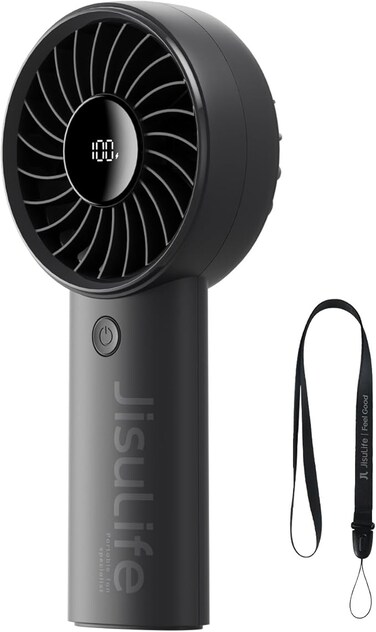 JISULIFE Handheld Mini Fan, 5000mAh Upgraded Portable Fan with Powerful Wind, USB Rechargeable Mini Hand Fan with Digital Display, 5 Wind Speeds, Ideal for Travel/School/Eyelash-Black
