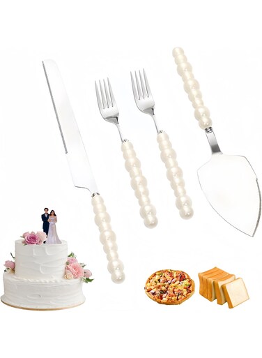 4 PCS Pearl Wedding Cake Knife and Server Set with Forks, Ceramic Pearl Handle Cake Cutting Set for Wedding, Stainless Steel Pie Cutter Pizza Spatula, Wedding/Birthday/Anniversary Bridal Gift, Engagement Gift for Couples (Silver)