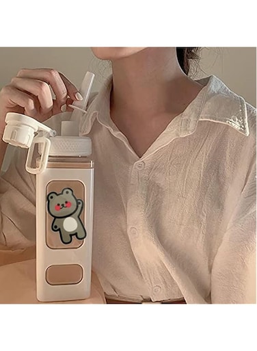 KONVER Kawaii Bear Water Bottle with Straw and Sticker, Large Sport Plastic Portable Square Drinking Bottle for Girl, Cute Juice Tea Water Cups