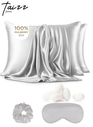 Ventures 2 Pack Satin Pillowcases for Hair and Skin, Includes Eye Mask and Hair Tie, Luxurious, Soft, and Skin-Friendly, Pure White- Queen Size 30x20 Inch