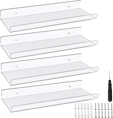 WOUMON Acrylic Floating Shelf for Wall, 38 * 10cm Clear Invisible Wall Bookshelves (Set of 4)