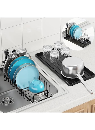SPNOR Sink Dish Drying Rack - Expandable Small Dish Rack Over Sink with Silicone Drying Tray, in Sink Dish Drainer for Kitchen Counter with Cutlery Holder, Drying Rack Fit for 35.5cm-48cm Kitchen Sink